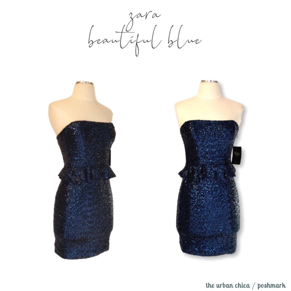 ZARA Deep Blue Sequin Peplum Strapless Mini Body Con Dress